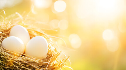 Three white eggs in straw nest with warm sunlight and bokeh effect for spring aesthetic