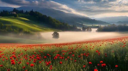 Wall Mural - Misty Morning Poppy Field in Rolling Hills