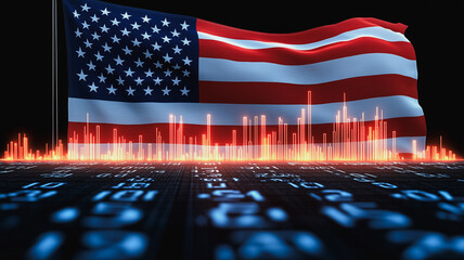Poster - American Digital Frontier:  A dynamic visualization of the USA flag waving majestically over a futuristic digital landscape, symbolizing technological innovation and national pride.