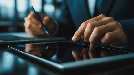 Poster - Focused on the Task: A close-up of a businessman's hands, meticulously navigating a tablet with a pen in the other, showcasing dedication and precision in the digital age.  