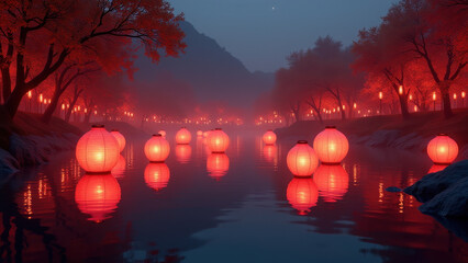 Wall Mural - Red Lanterns Floating River, Night Scene - Atmospheric