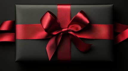 Wall Mural - Elegant black gift box wrapped with a vibrant red ribbon, perfect for celebrations and special occasions. Generative AI