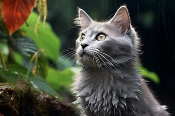 Wall Mural - Portrait of a cute nebelung cat in front of lush tropical rainforest