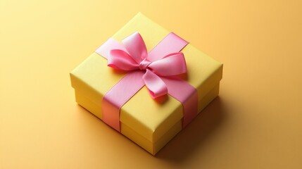 Wall Mural - Bright yellow gift box with pink ribbon elegantly placed on a vibrant orange background. Generative AI