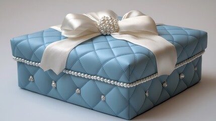 Wall Mural - Elegant blue gift box adorned with pearls and a satin ribbon for special occasions and celebrations. Generative AI