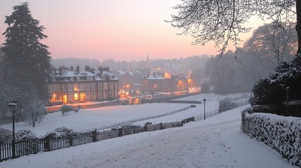 Sticker - Snowy village at twilight, houses glowing warmly.