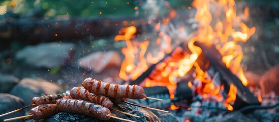 Campfire sausages cooking over hot coals.