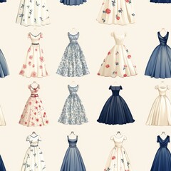 Poster - Vibrant clothing elements pattern  dresses and pants in three colors on a white background