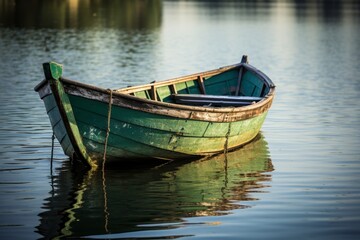 Poster - Serene boat gently floating on calm waters, framed by tranquil nature and a clear blue sky