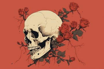 Poster - Minimalist skeleton drawing with thin lines and a bright red rose on a white background