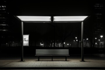 Poster - Minimalist black and white street kiosk design with neon accents for signage and menu