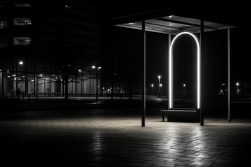 Poster - Sleek black and white street kiosk design featuring neon accents for signage and menu