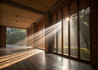 Poster - sunlit room with large windows allowing sunlight to stream in, creating a warm and inviting atmosphere. The room features wooden elements and a tiled floor, contributing to a cozy interior design.