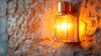 Wall Mural - Illuminated perfume bottle on textured wall.