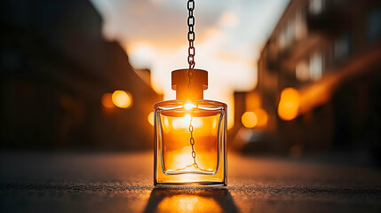 Wall Mural - Perfume bottle at sunset, chain, city bokeh.