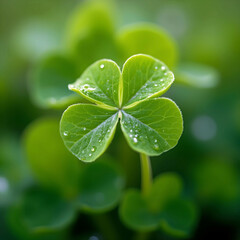 Poster - A four-leaf clover with water droplets on it is the main focus of the image. The background consists of a blurred green plant.
