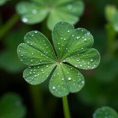 Fototapete - clover leaf with raindrops on it, all set against a blurred dark green background.