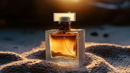 Wall Mural - Amber perfume bottle at sunset on textured fabric.