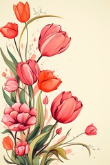 Poster - Elegant floral card design with graceful lines featuring stylish tulips and roses in neutral colors