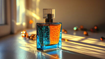 Wall Mural - Blue and orange perfume bottle in sunlight.