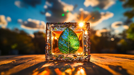 Wall Mural - Golden perfume bottle with leaf, sunset.