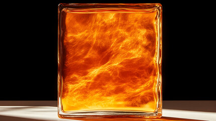 Wall Mural - Amber liquid in a square glass bottle on a white surface against a black background.