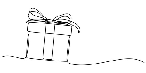 Poster - Birthday Gift box with ribbon and bow continuous one line drawing, line art drawing of gift box. Wrapped surprise package for christmas or birthday party .Party and celebration. Gift box line art. 