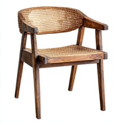 Rustic wooden dining chair with woven rattan seat perfect for cozy interiors or outdoor settings