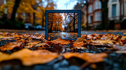 Wall Mural - Autumnal street scene reflected in a square frame amidst fallen leaves.