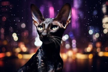 Wall Mural - Portrait of a funny oriental shorthair cat while standing against glittering city nightlife