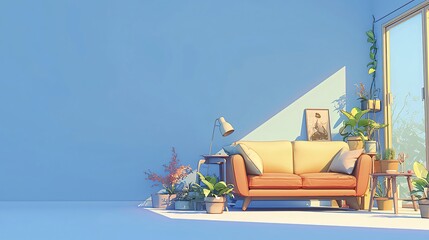 Sticker - Sunlit living room with orange couch, plants, and side tables.