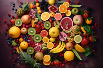 Wall Mural - Rich assortment of tropical fruits arranged in a unique spiral on a dark background