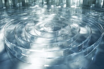 Poster - Modern art installation featuring a spiraling clear structure in a bright, reflective space. Generative AI