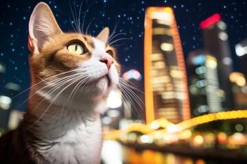 Wall Mural - Portrait of a funny singapura cat in background of bright city lights