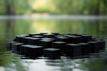Poster - Floating black cubes create a geometric arrangement on still water in a serene natural setting. Generative AI