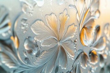 Aufkleber - Intricate frost patterns on glass showcase delicate floral designs in winter light. Generative AI