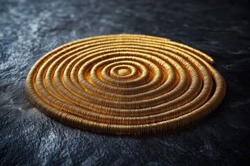 Poster - Gold wire coiled in a spiral formation on a dark surface highlighting texture and shine. Generative AI