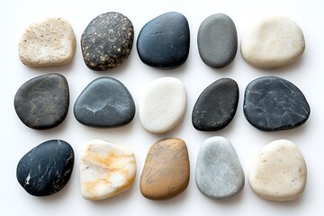 Poster - Collection of smooth stones arranged in a decorative pattern on a light surface for artistic purposes. Generative AI