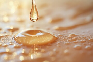 Poster - Golden liquid droplet falling onto a surface with glistening bubbles captured in warm light. Generative AI