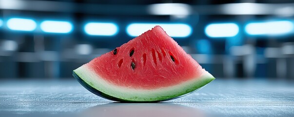 Wall Mural - A vibrant slice of watermelon rests on a surface, showcasing its juicy red flesh and contrasting green rind, with a blurred blue background.