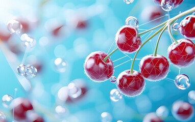 Wall Mural - A close-up view of glistening red cherries surrounded by water droplets against a soft blue background, showcasing freshness and vibrancy.