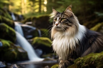 Wall Mural - Portrait of a happy norwegian forest cat on tranquil forest stream