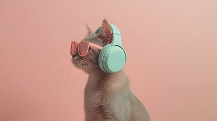 Wall Mural - 
portrait of a cat with Headphones, symmetrical, sunglasses, vibing, illustration, adobe illustrator, aesthetic with copy space for business poster 