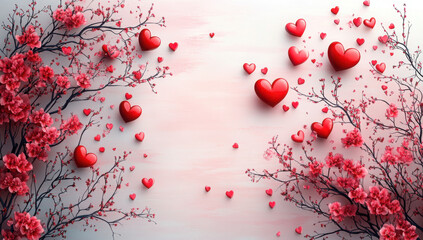 Wall Mural - A pink background with red heart-shaped decorations, some on branches, some scattered, creating a romantic Valentine's Day theme