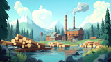 A stylized lumber mill with logs and wood products in a serene setting. Runewood. Illustration
