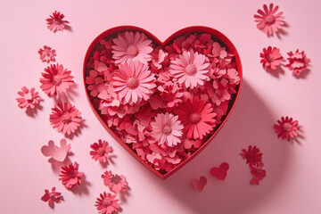 Wall Mural - Pillow heart and paper flower in a gift box on a pink background.