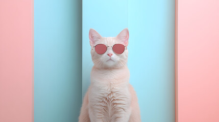 Wall Mural - 
portrait of a cat with Headphones, symmetrical, sunglasses, vibing, illustration, adobe illustrator, aesthetic with copy space for business poster 