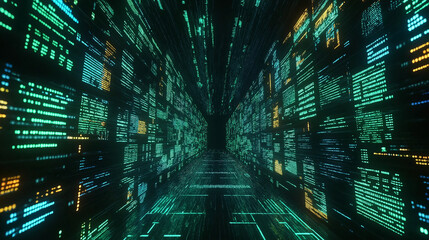 Fototapete - Bright green and blue neon highlights illuminate futuristic financial graphs on a sleek black abstract background.
