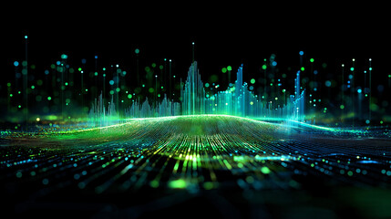 Fototapete - Bright green and blue neon highlights illuminate futuristic financial graphs on a sleek black abstract background.
