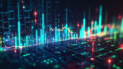 Fototapete - Bright green and blue neon highlights illuminate futuristic financial graphs on a sleek black abstract background.
